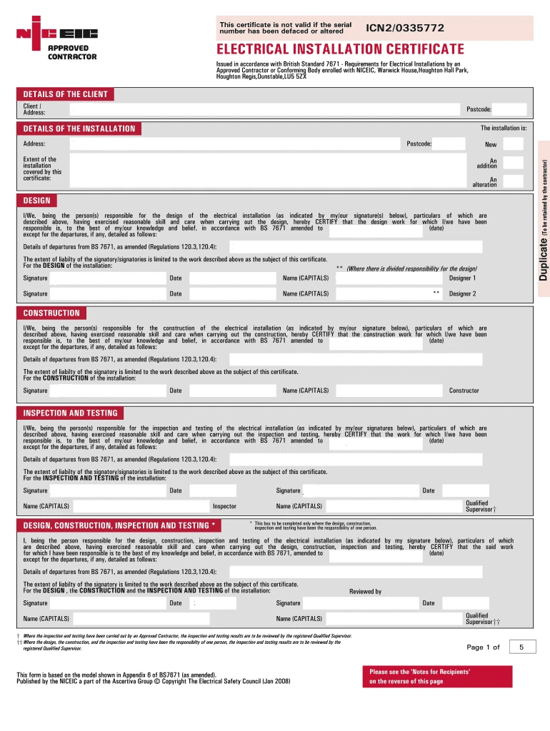 Electrical Installation Condition Report (EICR) Page 01